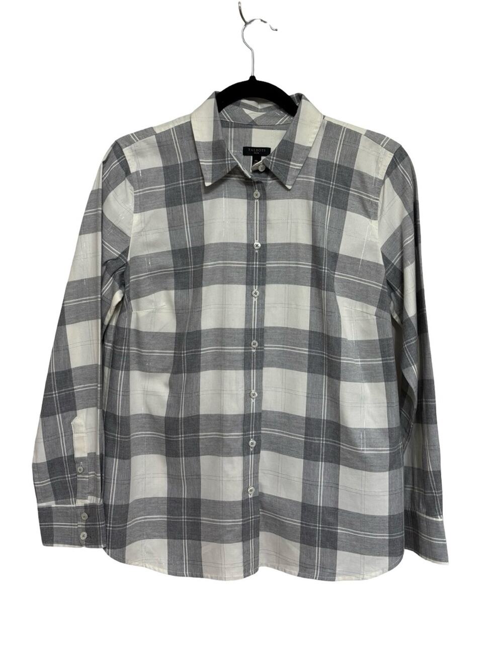Talbots Metallic Plaid Cotton Button Down Shirt - Size M Petite